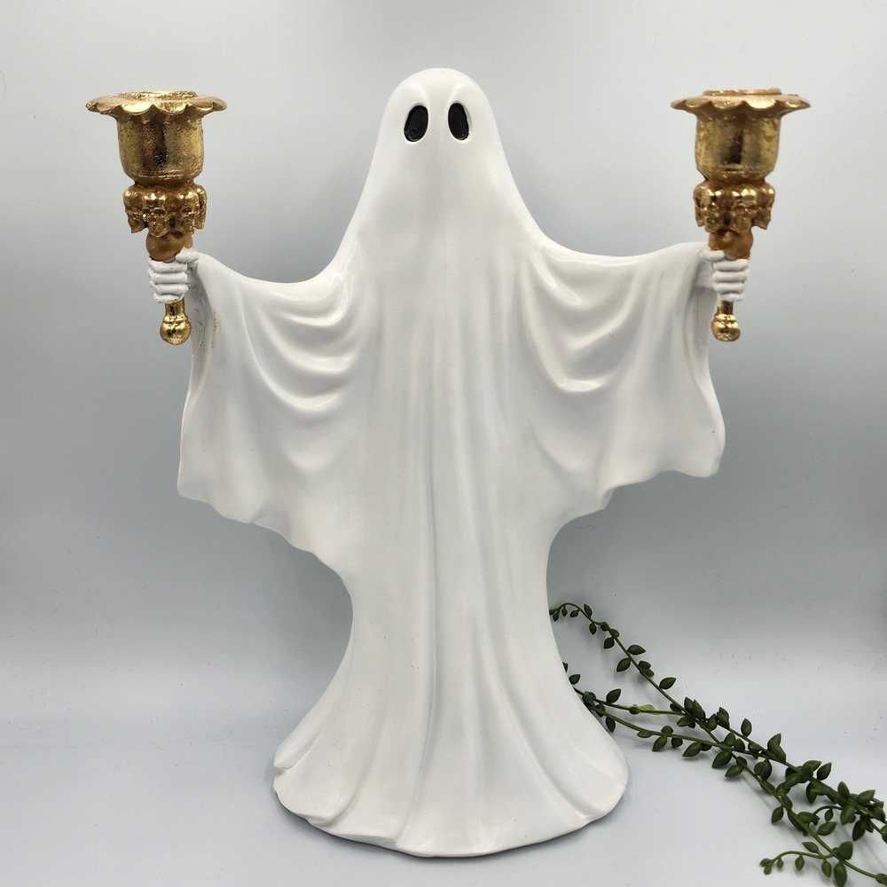 Halloween Ghost Candelabra Decor White Gold Skull Gothic Spooky 15" Resin NEW